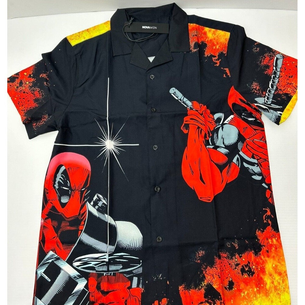Deadpool Flames Medium Marvel Men's Short Sleeve Woven Top Black - Picture 5 of 12